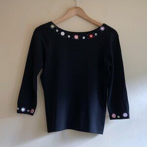VTG Joseph A Embellished Black Knit Top 3/4 Length Sleeve Mirror Details Women's